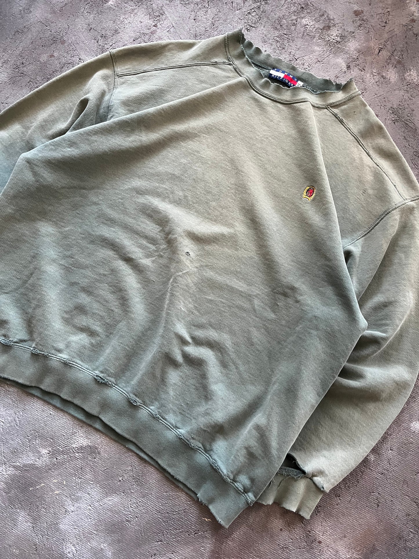 Vintage 1990s Faded and Thrashed Green Tommy Hilfiger Crewneck - XL