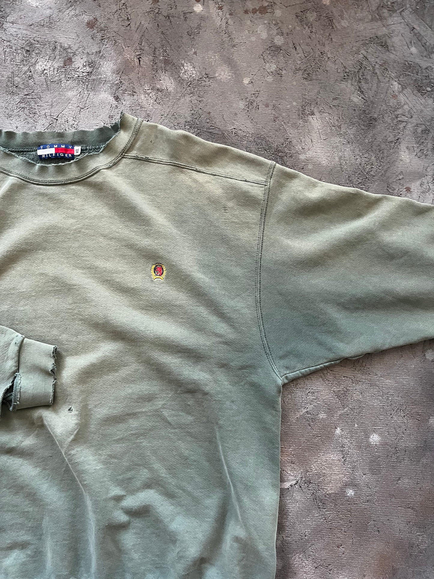 Vintage 1990s Faded and Thrashed Green Tommy Hilfiger Crewneck - XL
