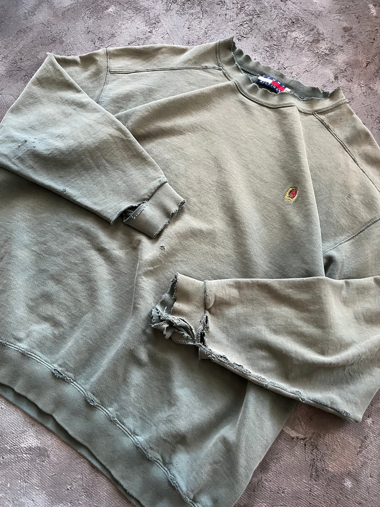 Vintage 1990s Faded and Thrashed Green Tommy Hilfiger Crewneck - XL